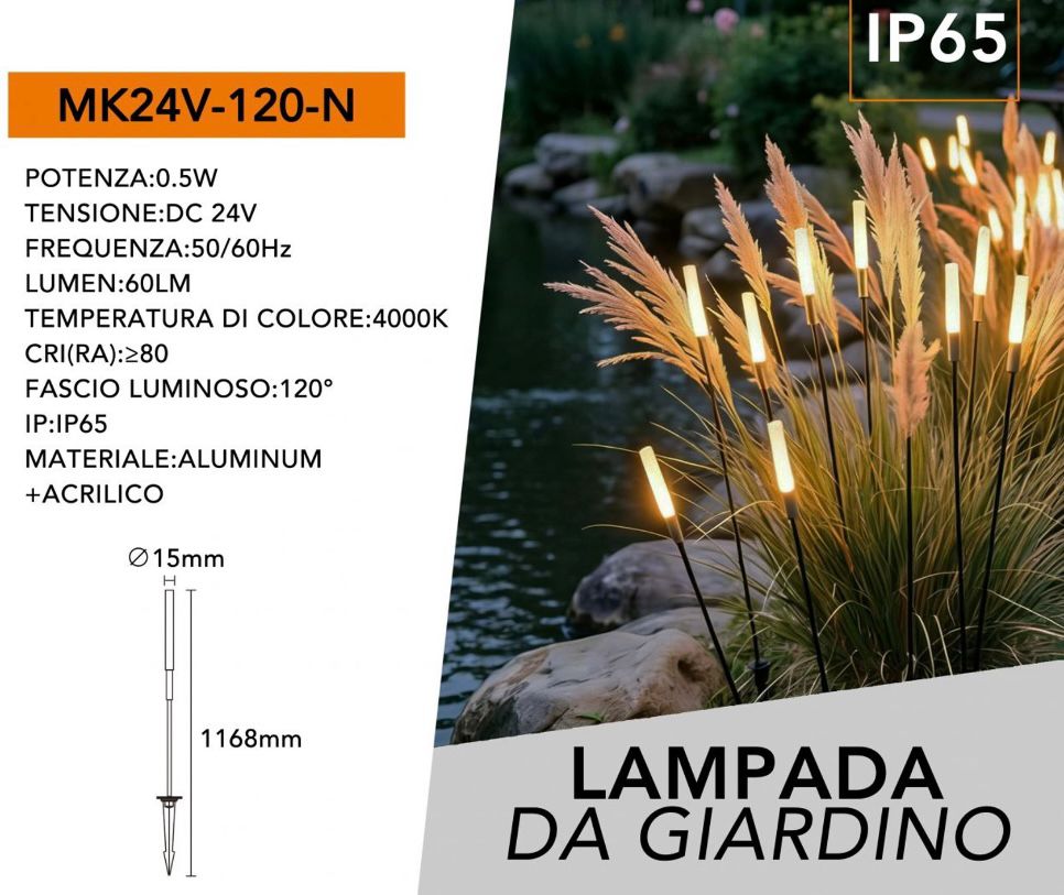 Lampada da Giardino LED Decorativa Alta 1168mm, Luce Naturale 4000K IP65 Impermeabile, Picchetto da Esterno per Prato e Aiuole, 24V Bassa Tensione, Design Effetto Canna Moderna MK24V-120-N