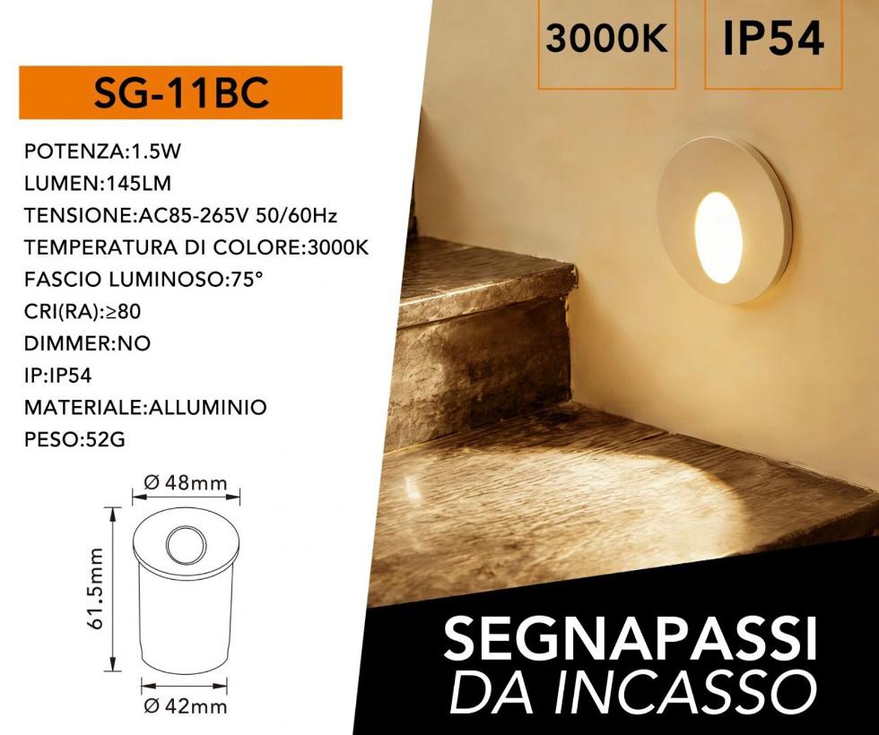 Segnapassi LED da Incasso 1.5W, Luce 3000K/4000K/6500K, IP54 Impermeabile, Faretto Segnapasso per Scale, Corridoio e Parete, Ø48mm Foro 42mm, 145LM, Alluminio SG-11