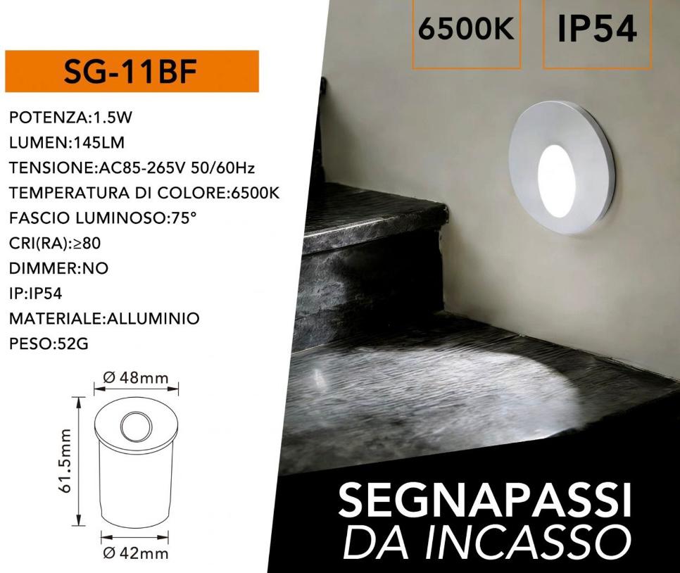 Segnapassi LED da Incasso 1.5W, Luce 3000K/4000K/6500K, IP54 Impermeabile, Faretto Segnapasso per Scale, Corridoio e Parete, Ø48mm Foro 42mm, 145LM, Alluminio SG-11