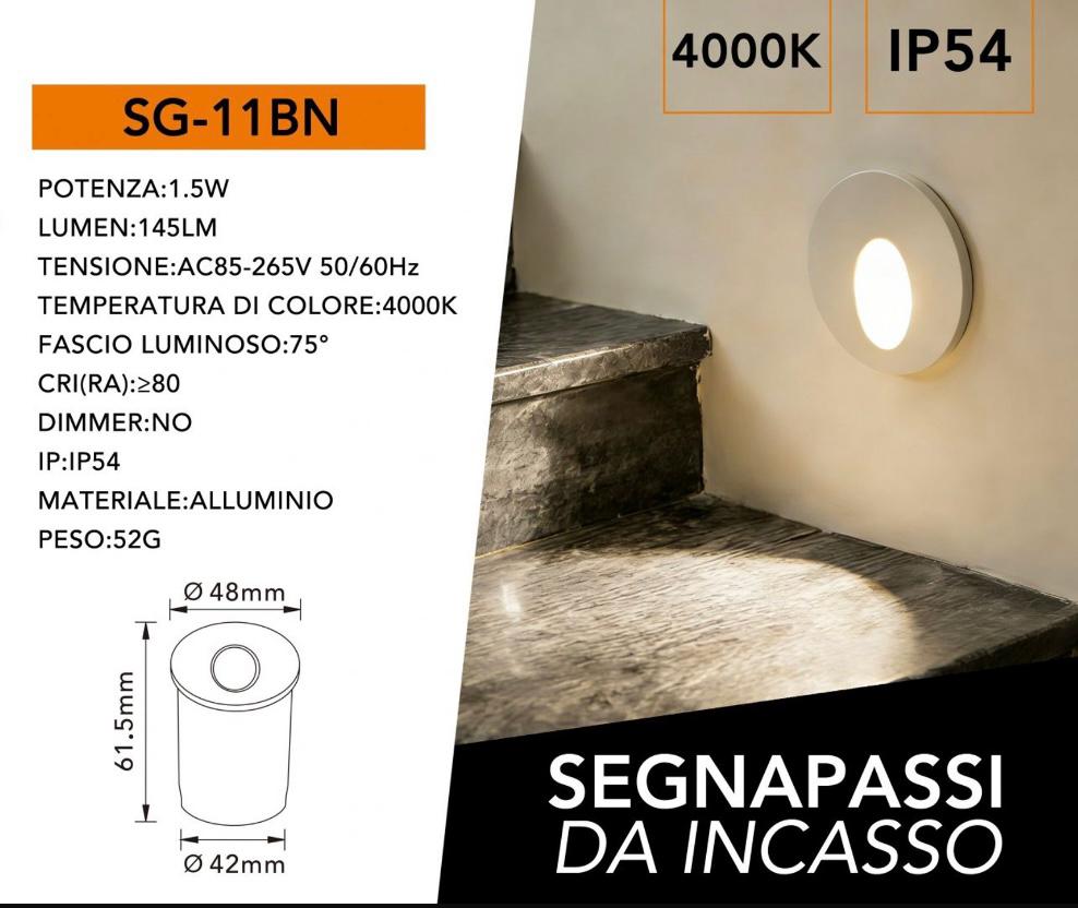 Segnapassi LED da Incasso 1.5W, Luce 3000K/4000K/6500K, IP54 Impermeabile, Faretto Segnapasso per Scale, Corridoio e Parete, Ø48mm Foro 42mm, 145LM, Alluminio SG-11