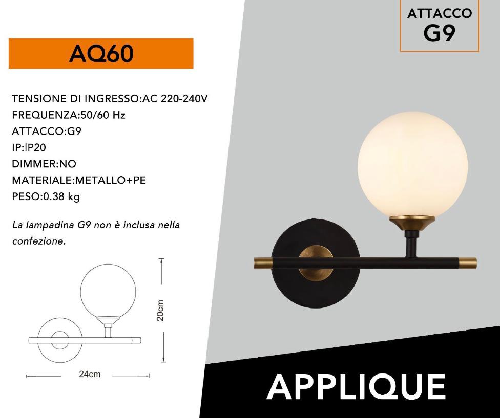 Applique da Parete Moderna con Sfera in Vetro Opalino, Attacco G9, Lampada da Muro Design per Camera da Letto, Soggiorno e Corridoio, Metallo Nero e Oro, Stile Elegante AQ60