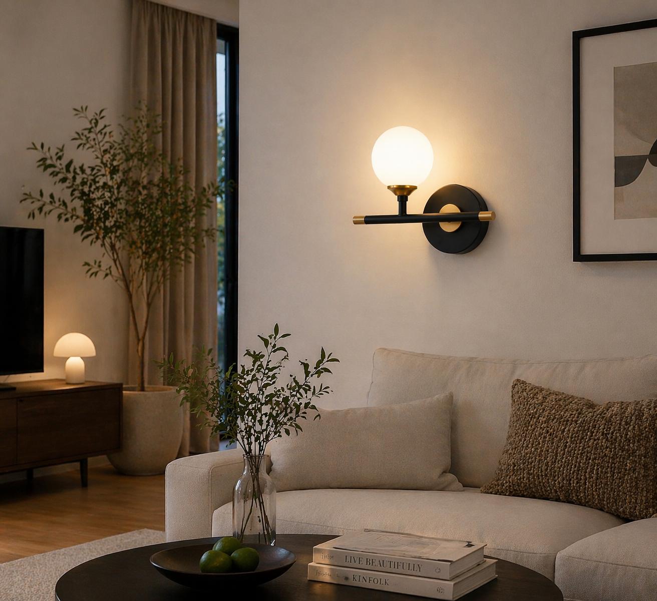 Applique da Parete Moderna con Sfera in Vetro Opalino, Attacco G9, Lampada da Muro Design per Camera da Letto, Soggiorno e Corridoio, Metallo Nero e Oro, Stile Elegante AQ60