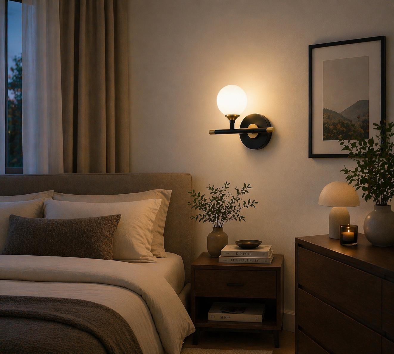 Applique da Parete Moderna con Sfera in Vetro Opalino, Attacco G9, Lampada da Muro Design per Camera da Letto, Soggiorno e Corridoio, Metallo Nero e Oro, Stile Elegante AQ60