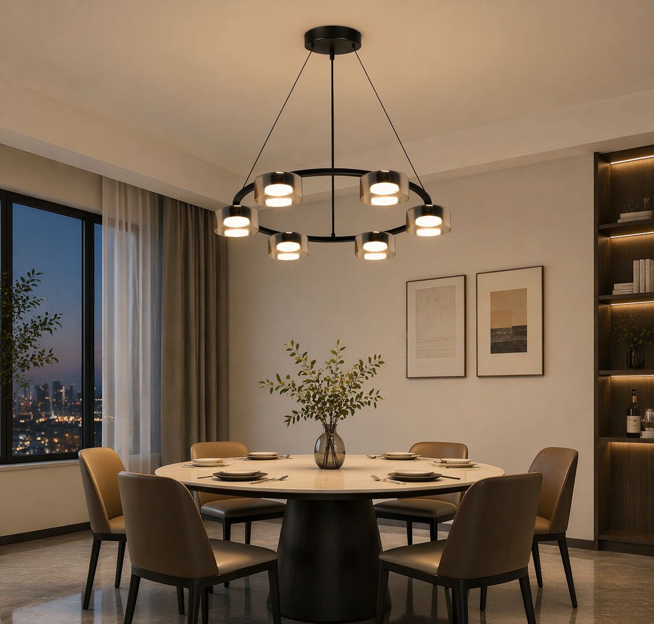 Lampadario Moderno 6 Luci GX53, Design Circolare Elegante, Lampada a Sospensione per Soggiorno e Sala da Pranzo, CCT Regolabile 3000K/4000K/6500K, Metallo e Vetro, Luce Inclusa GX53-LP01