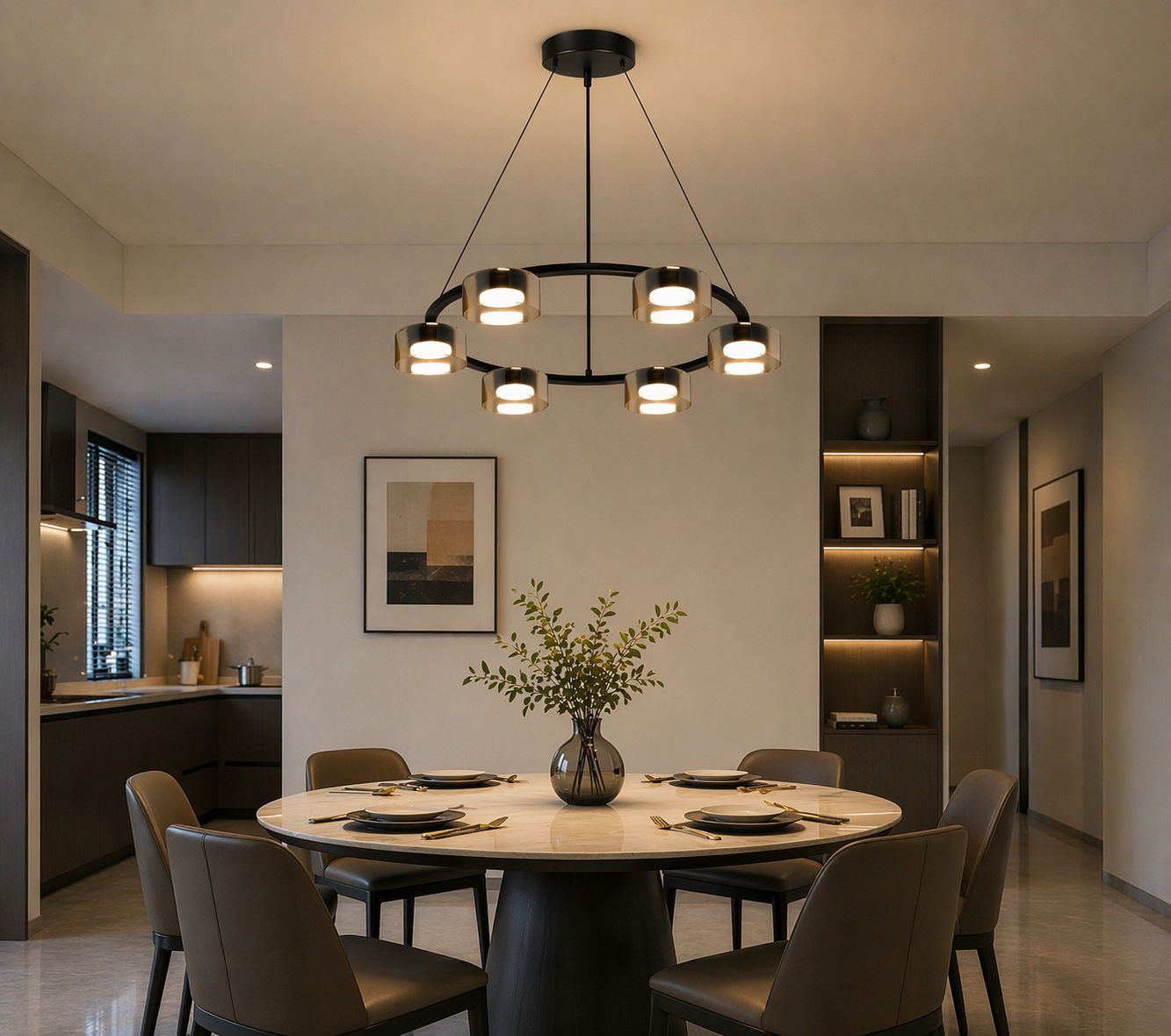 Lampadario Moderno 6 Luci GX53, Design Circolare Elegante, Lampada a Sospensione per Soggiorno e Sala da Pranzo, CCT Regolabile 3000K/4000K/6500K, Metallo e Vetro, Luce Inclusa GX53-LP01