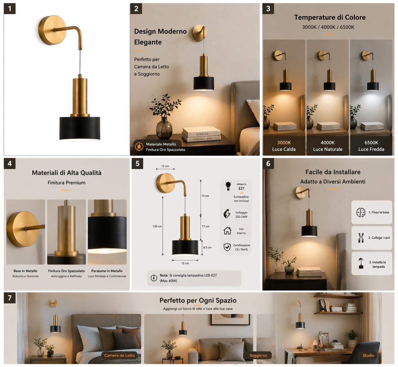 Applique da Parete Moderna E27, Lampada da Muro Design per Camera da Letto e Comodino, Stile Elegante Nero e Oro, Luce Decorativa per Soggiorno e Corridoio, Lampadina Non Inclusa AQ37