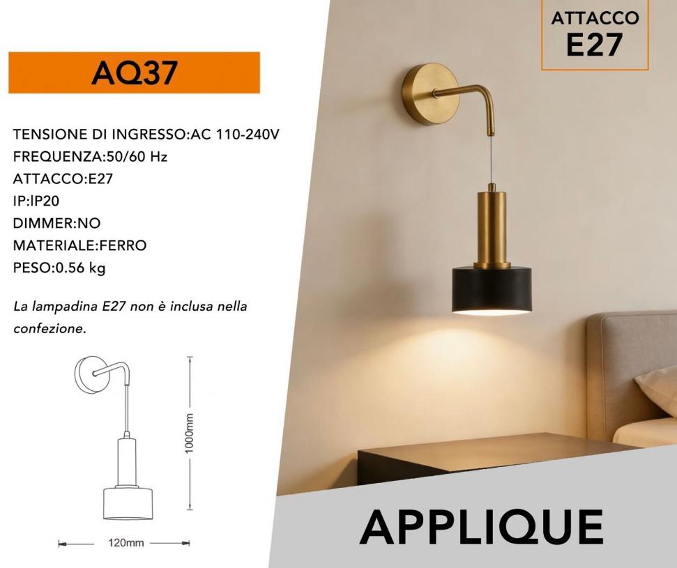 Applique da Parete Moderna E27, Lampada da Muro Design per Camera da Letto e Comodino, Stile Elegante Nero e Oro, Luce Decorativa per Soggiorno e Corridoio, Lampadina Non Inclusa AQ37