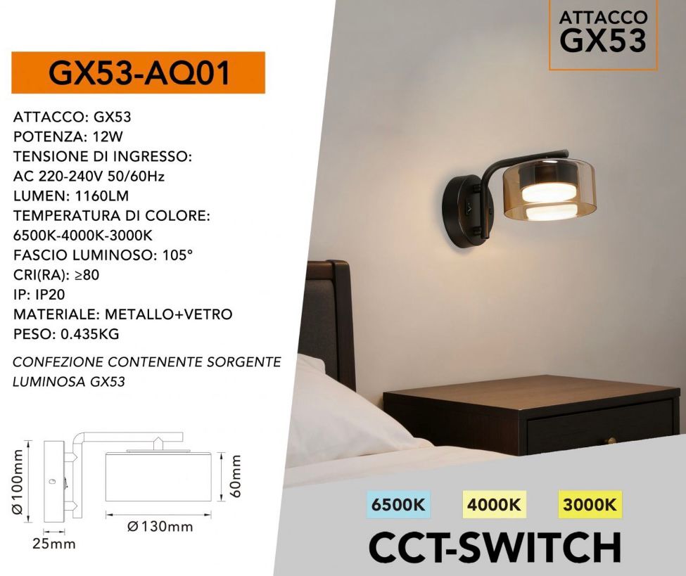 Applique da Parete Moderna GX53, Lampada da Muro per Camera da Letto e Comodino, Luce Inclusa 3 Colori 3000K/4000K/6500K, Design con Vetro e Metallo, Illuminazione Elegante per Interni -AQ01