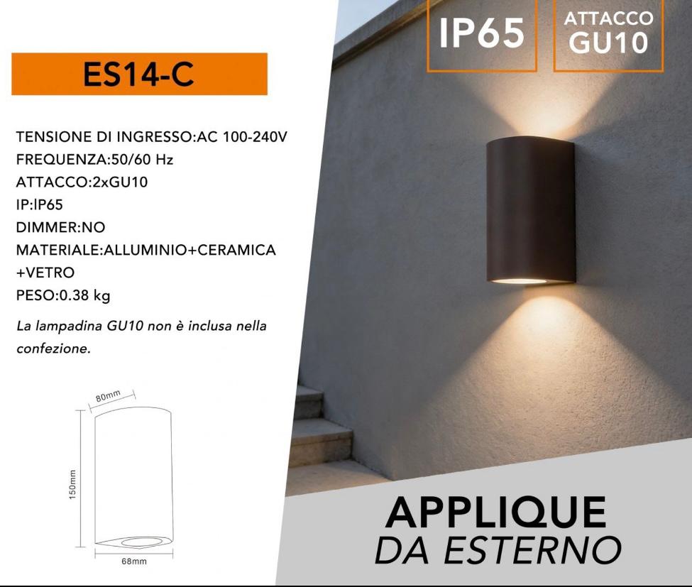 Applique da Esterno IP65 GU10, Lampada da Parete Up & Down 2 Luci, Design Moderno in Alluminio per Giardino, Terrazzo e Facciata, Impermeabile, Lampadina Non Inclusa ES14-C