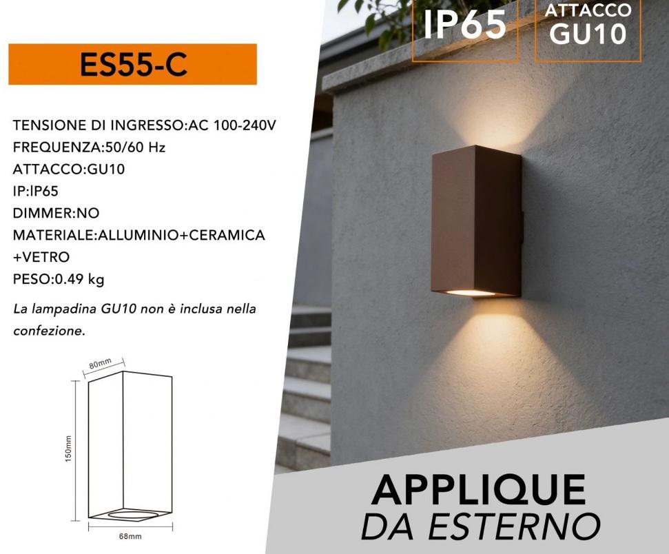 Applique da Esterno GU10 IP65 Up Down, Lampada da Parete Moderna Doppia Emissione per Giardino Terrazzo Facciata, Impermeabile in Alluminio, Luce su e giù, Lampadina Non Inclusa ES55-C