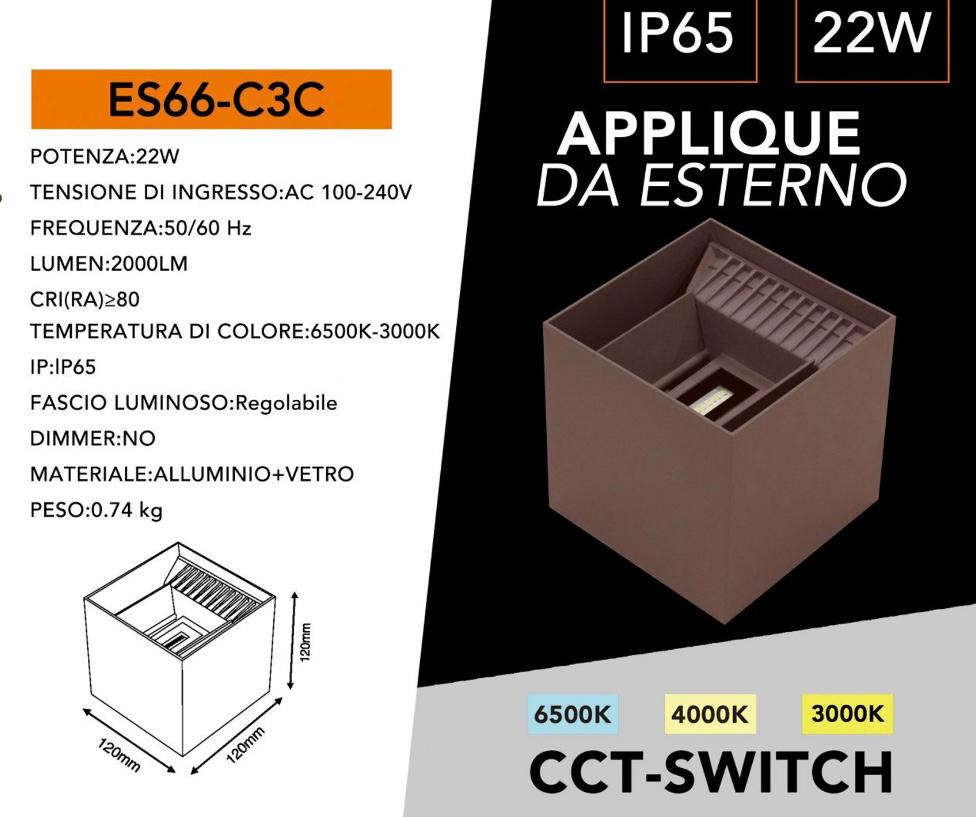 Applique LED da Esterno 22W IP65, Luce Regolabile Up Down con Angolo Variabile, 3 Colori 3000K 4000K 6500K, Lampada da Parete Moderna in Alluminio per Giardino Terrazzo ES66-C3C