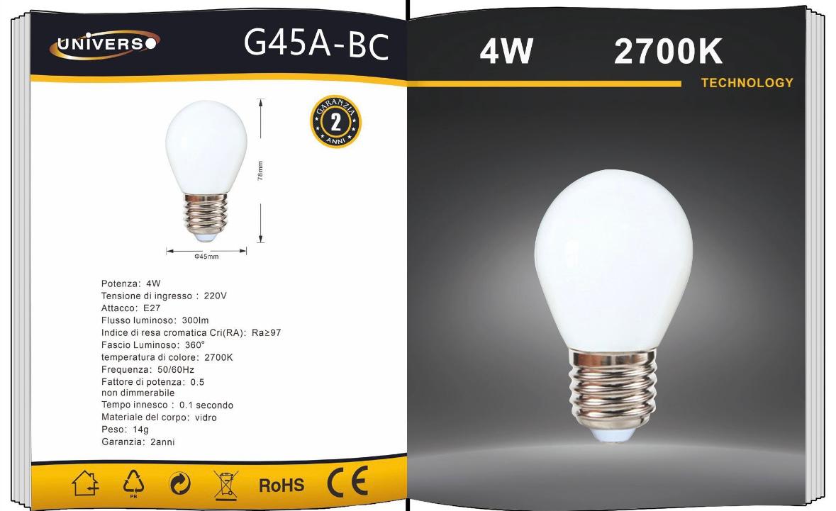 5PEZZI Lampadina LED E27 G45 4W, Mini Globo Opaco, 300LM, Luce Calda 2700K / Naturale 4000K / Fredda 6500K, Non Dimmerabile, 220V, per Lampadari e Abat Jour, G45A Series