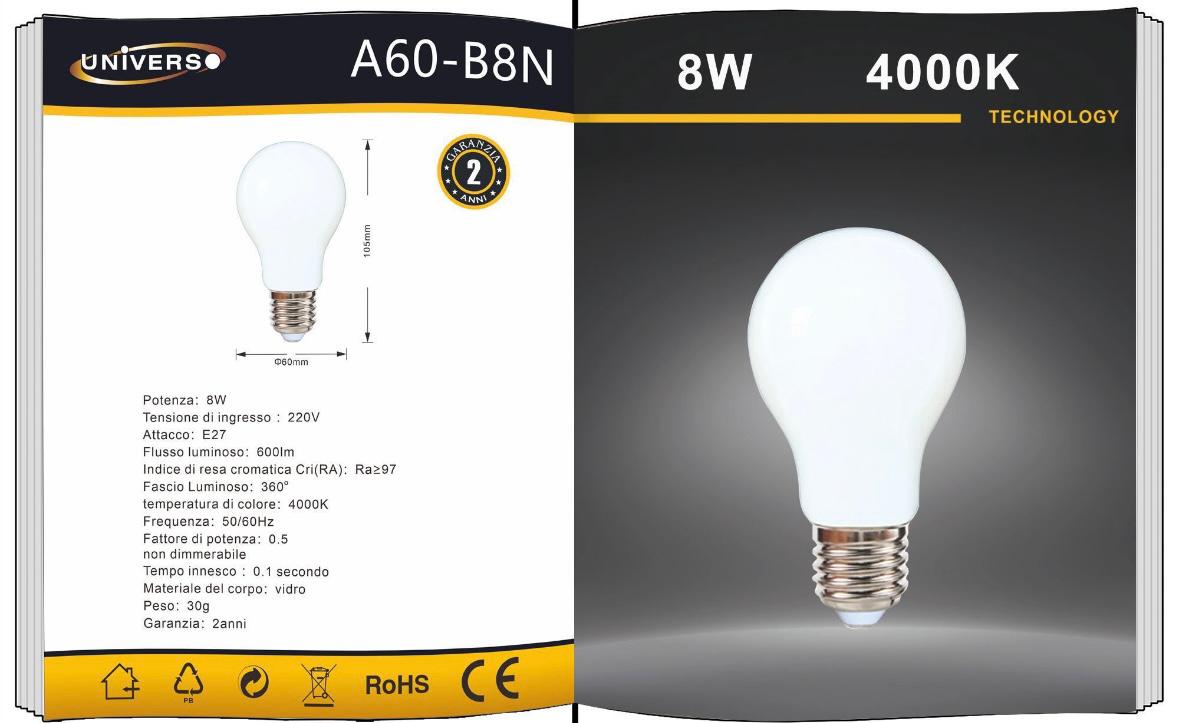 5PZ Lampadina LED E27 A60 8W, 600LM, Luce Calda 2700K / Naturale 4000K / Fredda 6500K, Lampadina Opaca a Basso Consumo, Non Dimmerabile, per Casa e Ufficio, Serie A60-B8