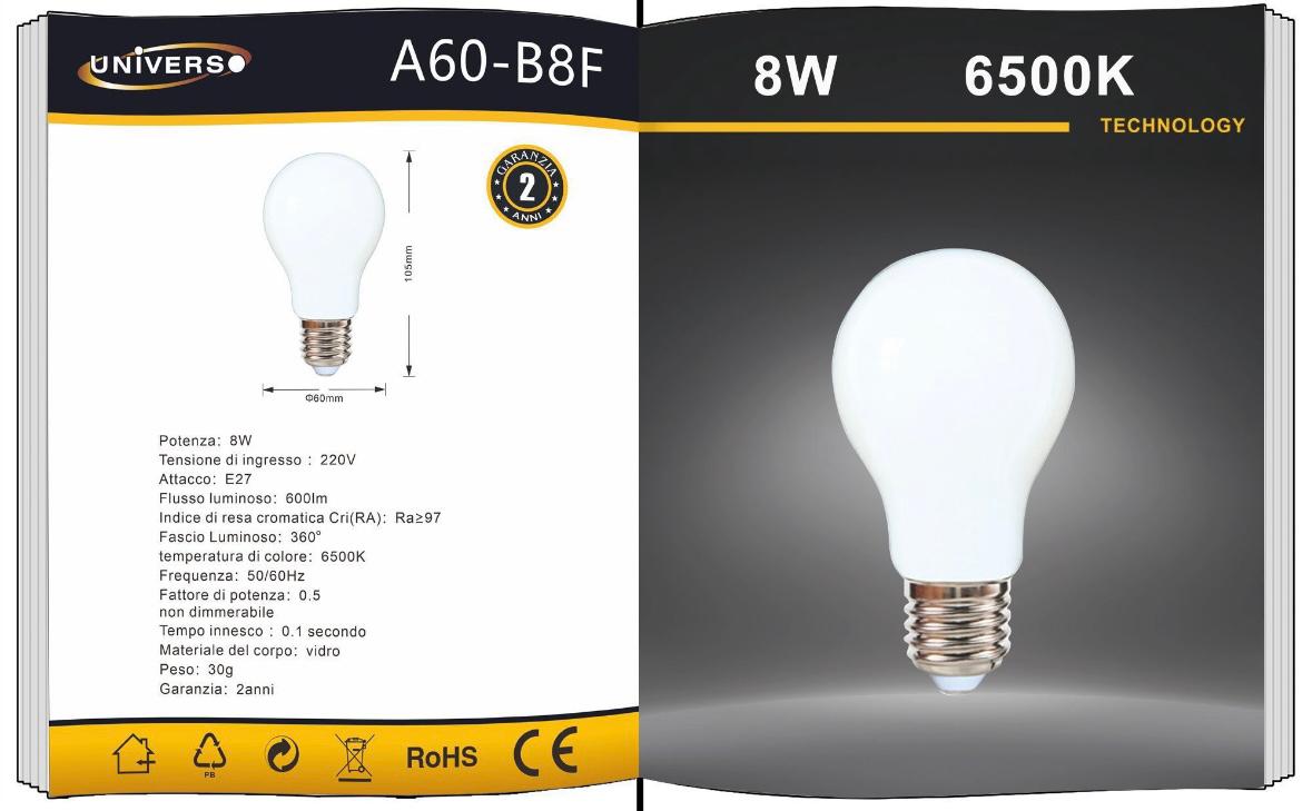 5PZ Lampadina LED E27 A60 8W, 600LM, Luce Calda 2700K / Naturale 4000K / Fredda 6500K, Lampadina Opaca a Basso Consumo, Non Dimmerabile, per Casa e Ufficio, Serie A60-B8