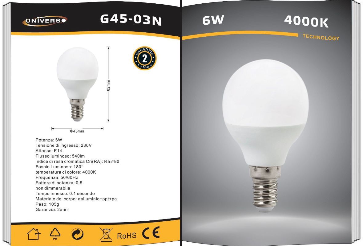 Lampadine LED E14 G45 6 Pezzi, 6W 540LM, Luce Calda 3000K / Naturale 4000K / Fredda 6500K, Mini Globo Opaco, Basso Consumo, per Lampadari e Abat Jour, Serie G45-03
