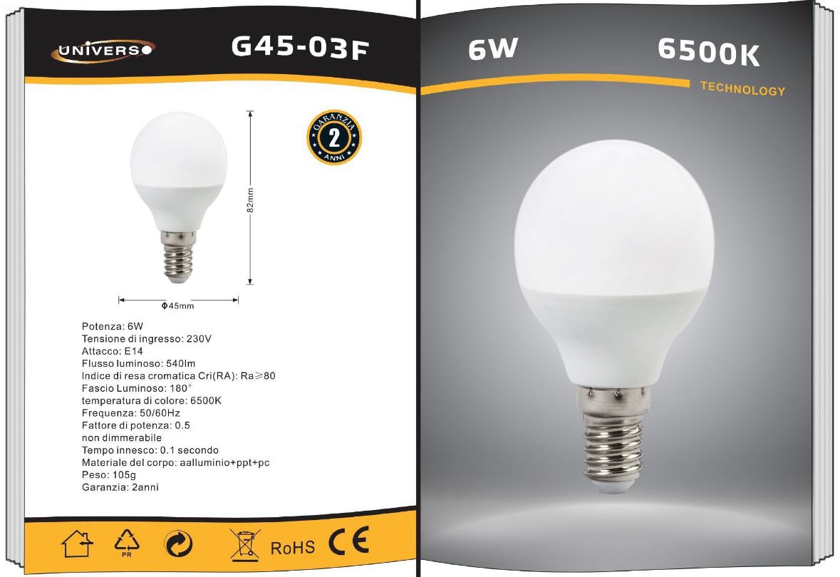 Lampadine LED E14 G45 6 Pezzi, 6W 540LM, Luce Calda 3000K / Naturale 4000K / Fredda 6500K, Mini Globo Opaco, Basso Consumo, per Lampadari e Abat Jour, Serie G45-03
