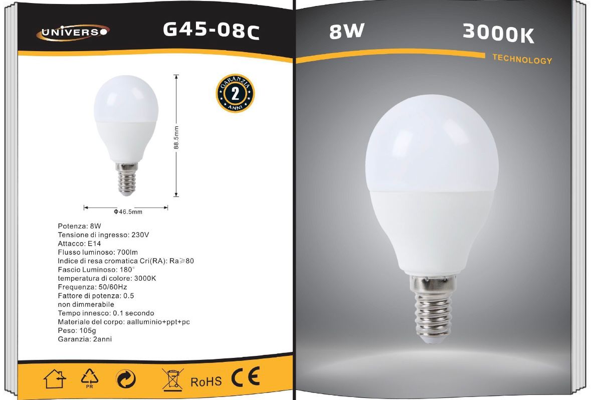 6 Pezzi Lampadine LED E14 G45 8W, 700LM, Luce Calda 3000K / Naturale 4000K / Fredda 6500K, Mini Globo Opaco, Basso Consumo, per Lampadari e Abat Jour, Serie G45-08