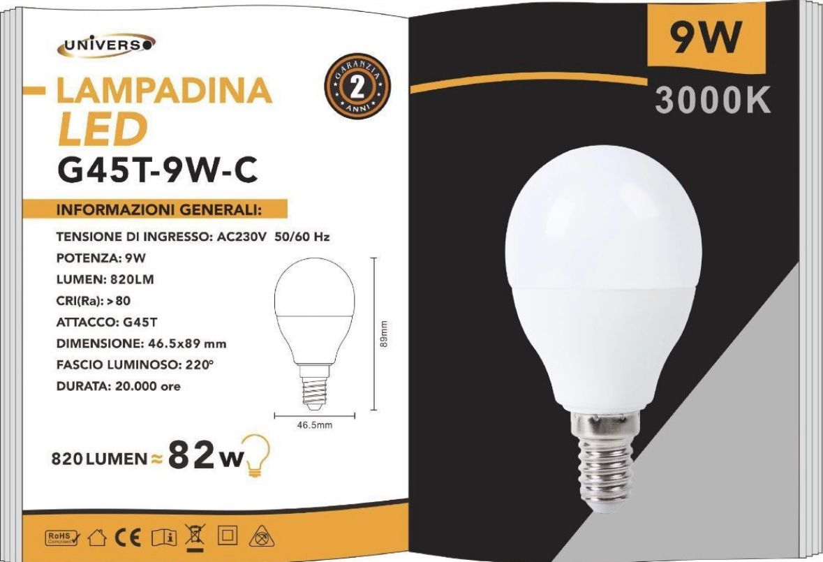 Lampadine LED E14 G45 9W 6 Pezzi, 820LM, Luce Calda 3000K / Naturale 4000K / Fredda 6500K, Mini Globo Opaco, Basso Consumo Energetico, Serie G45T-9W
