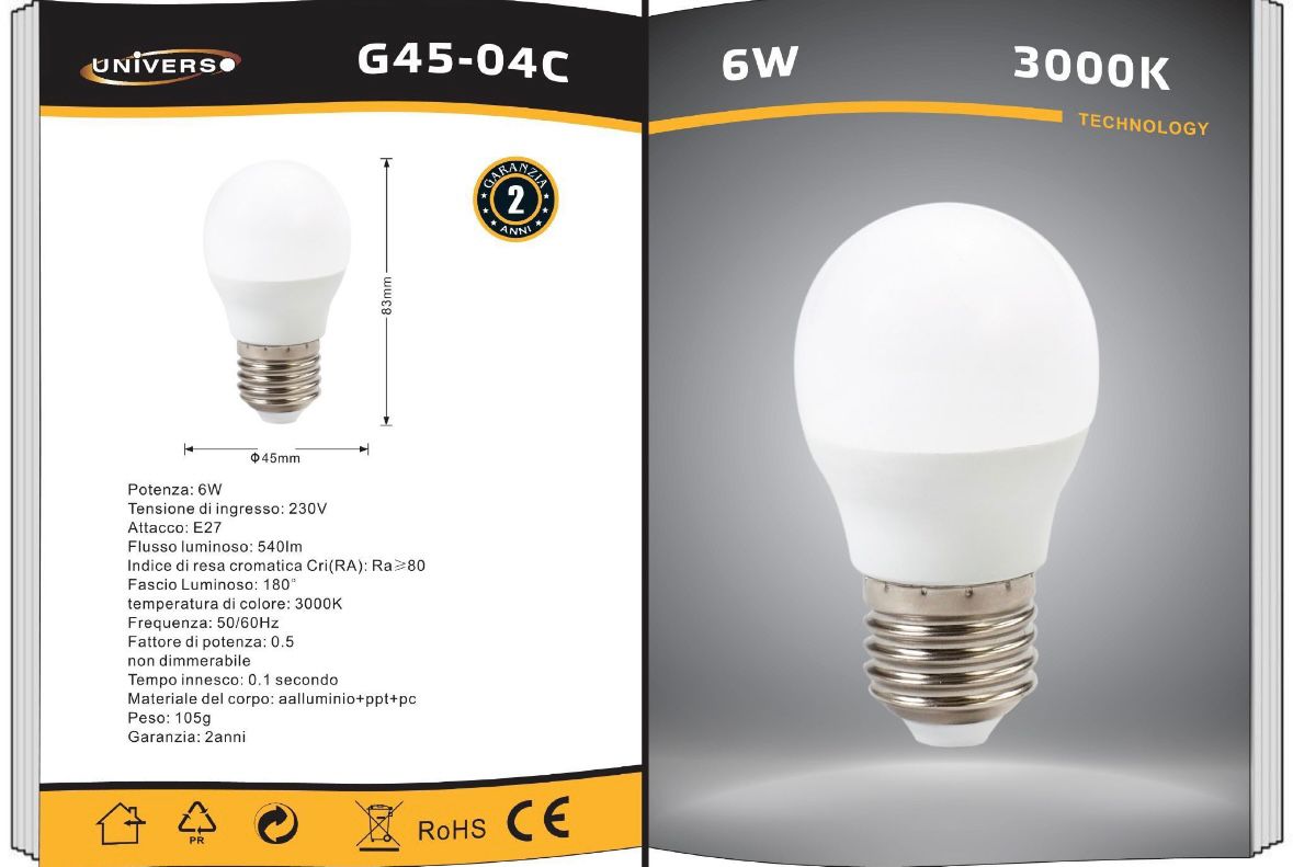 Lampadine LED E27 G45 6W 6 Pezzi, Mini Globo Opaco, Luce Calda 3000K / Naturale 4000K / Fredda 6500K, 540LM, Basso Consumo, Serie G45-04