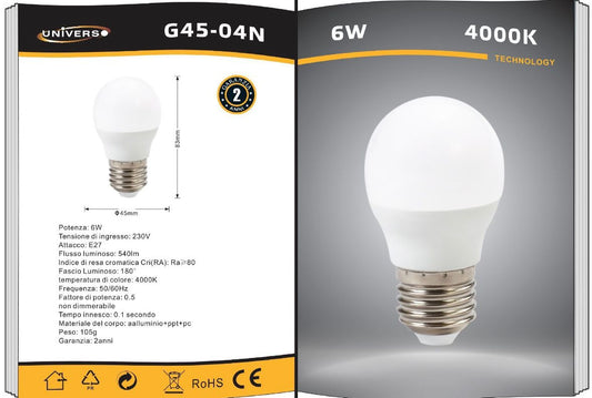 Lampadine LED E27 G45 6W 6 Pezzi, Mini Globo Opaco, Luce Calda 3000K / Naturale 4000K / Fredda 6500K, 540LM, Basso Consumo, Serie G45-04