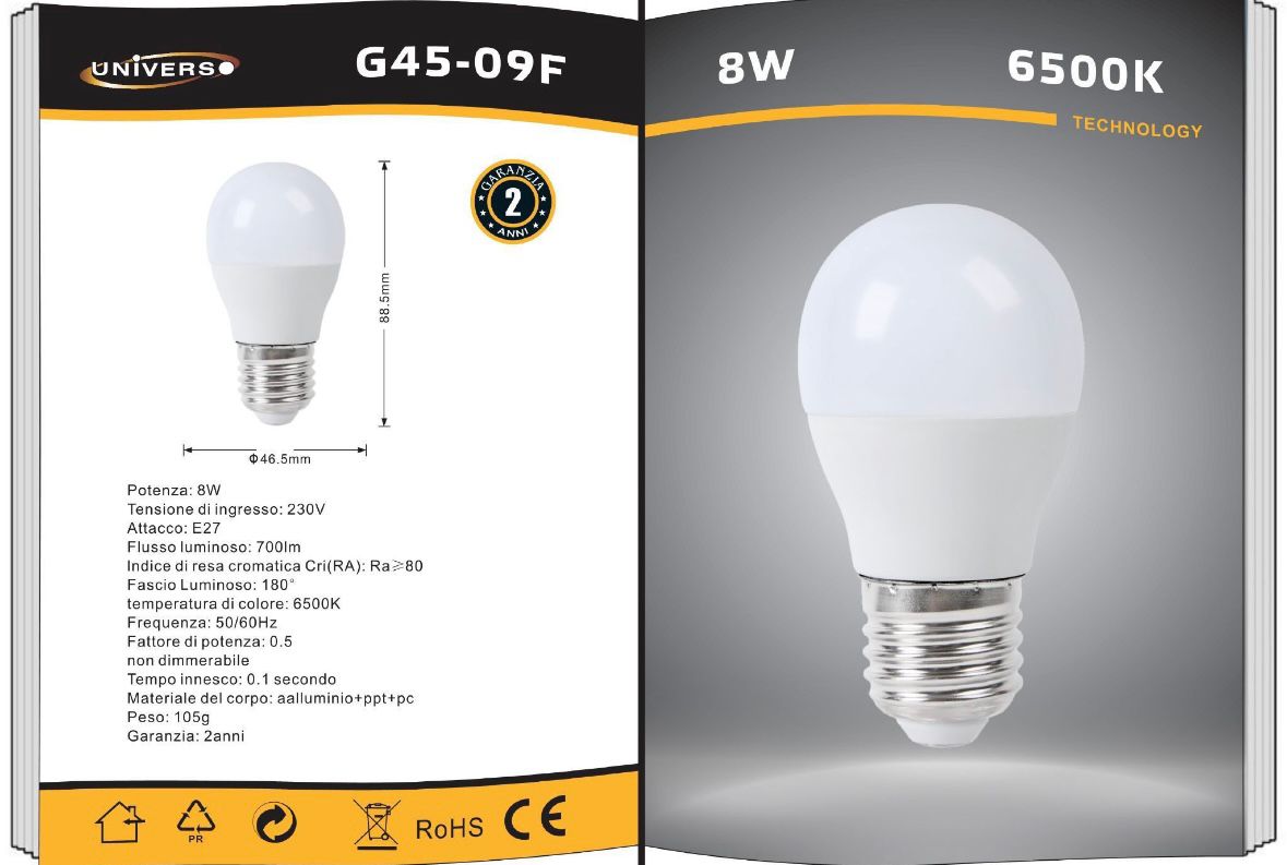 Lampadine LED E27 G45 8W 6 Pezzi, 700LM, Luce Calda 3000K / Naturale 4000K / Fredda 6500K, Mini Globo Opaco, Basso Consumo Energetico, Non Dimmerabili, Serie G45-09