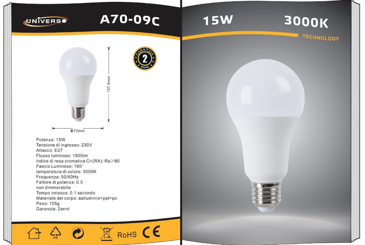Lampadine LED E27 A70 15W 6 Pezzi, 1500LM, Luce Calda 3000K / Naturale 4000K / Fredda 6500K, Lampadina LED Grande Formato, Basso Consumo, Non Dimmerabile, Serie A70-09