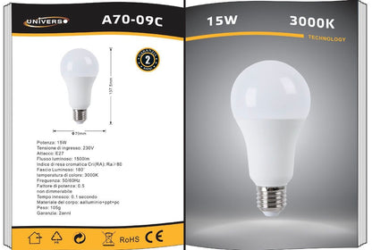 Lampadine LED E27 A70 15W 6 Pezzi, 1500LM, Luce Calda 3000K / Naturale 4000K / Fredda 6500K, Lampadina LED Grande Formato, Basso Consumo, Non Dimmerabile, Serie A70-09