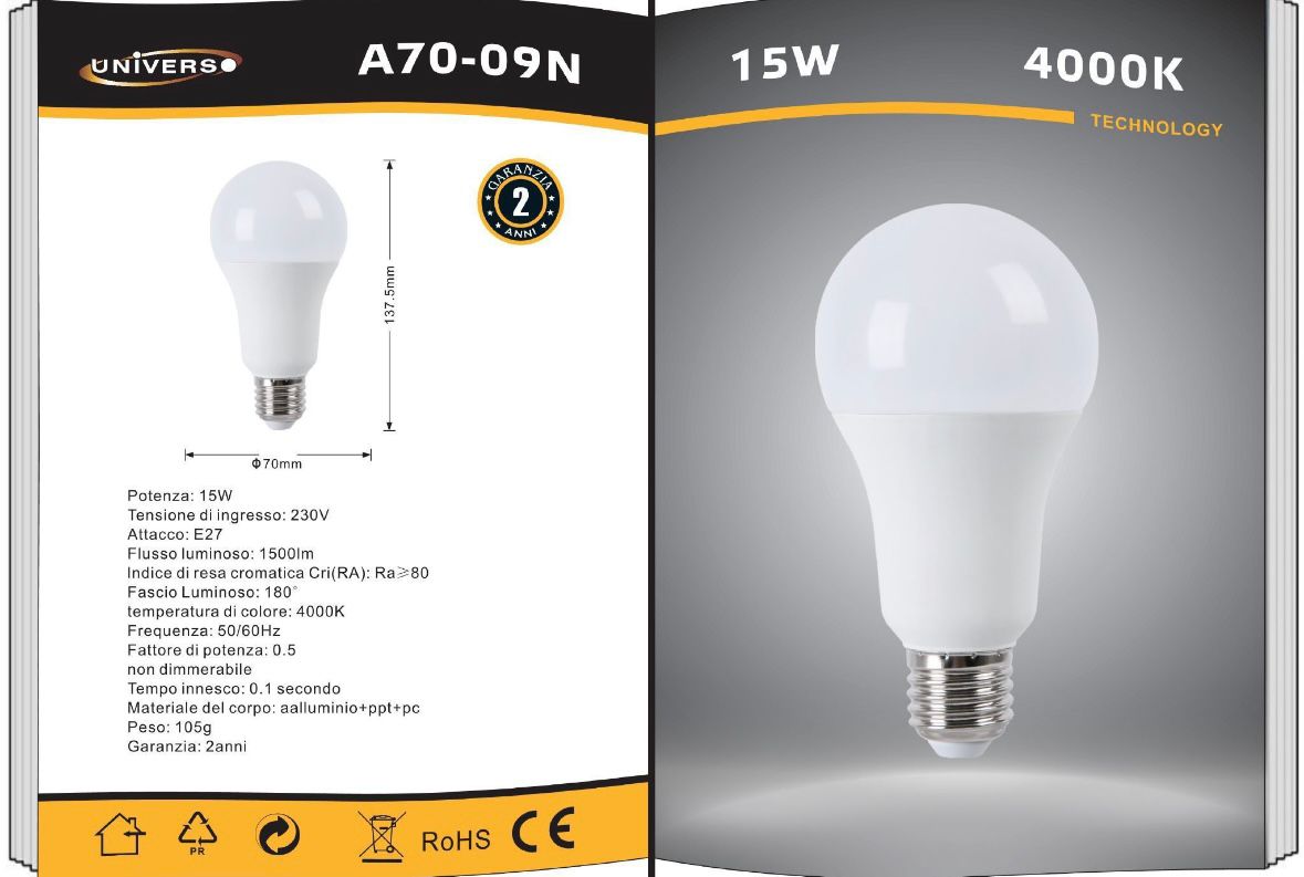 Lampadine LED E27 A70 15W 6 Pezzi, 1500LM, Luce Calda 3000K / Naturale 4000K / Fredda 6500K, Lampadina LED Grande Formato, Basso Consumo, Non Dimmerabile, Serie A70-09