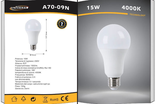 Lampadine LED E27 A70 15W 6 Pezzi, 1500LM, Luce Calda 3000K / Naturale 4000K / Fredda 6500K, Lampadina LED Grande Formato, Basso Consumo, Non Dimmerabile, Serie A70-09
