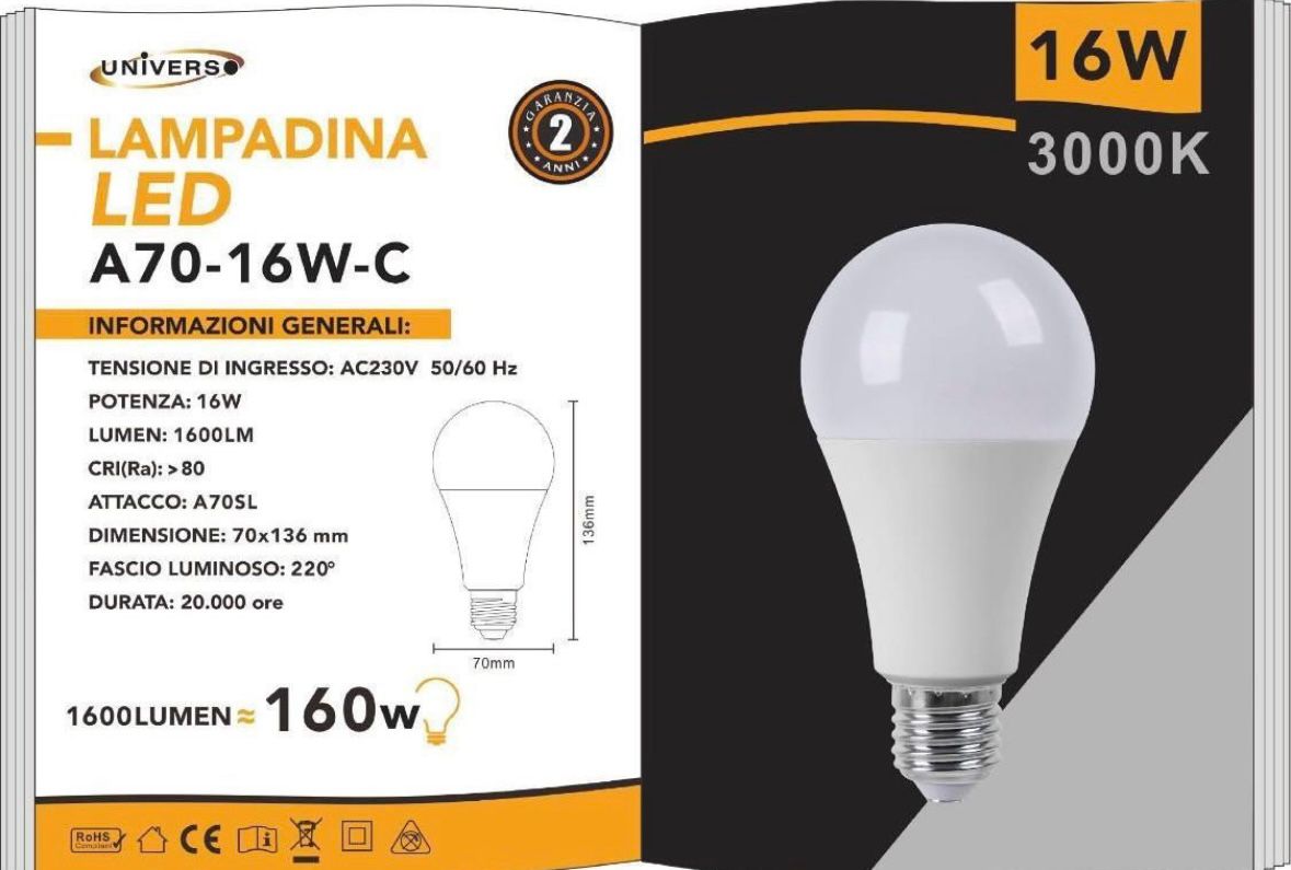Lampadine LED E27 A70 16W 6 Pezzi, 1600LM, Luce Calda 3000K / Naturale 4000K / Fredda 6500K, Lampadina LED Alta Luminosità, Basso Consumo, Non Dimmerabile, Serie A70-16W