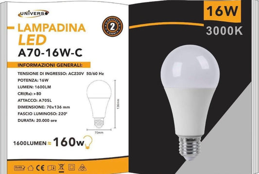 Lampadine LED E27 A70 16W 6 Pezzi, 1600LM, Luce Calda 3000K / Naturale 4000K / Fredda 6500K, Lampadina LED Alta Luminosità, Basso Consumo, Non Dimmerabile, Serie A70-16W