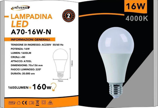 Lampadine LED E27 A70 16W 6 Pezzi, 1600LM, Luce Calda 3000K / Naturale 4000K / Fredda 6500K, Lampadina LED Alta Luminosità, Basso Consumo, Non Dimmerabile, Serie A70-16W