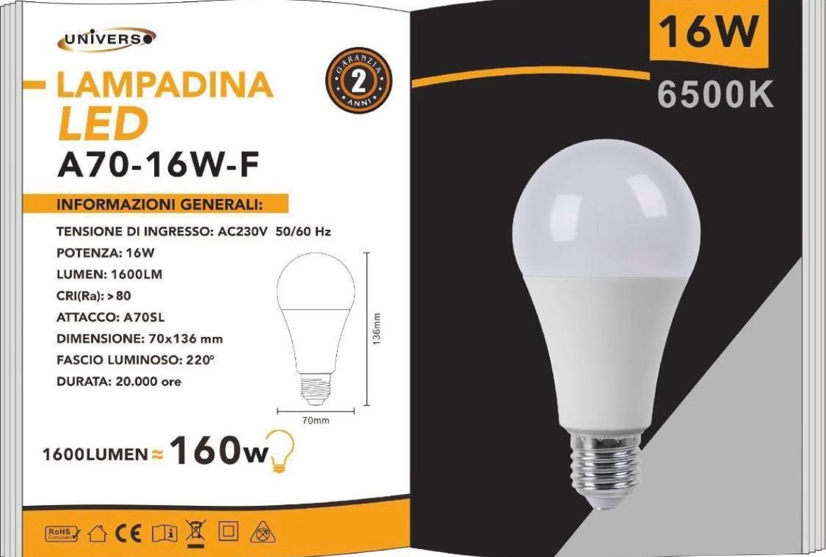 Lampadine LED E27 A70 16W 6 Pezzi, 1600LM, Luce Calda 3000K / Naturale 4000K / Fredda 6500K, Lampadina LED Alta Luminosità, Basso Consumo, Non Dimmerabile, Serie A70-16W