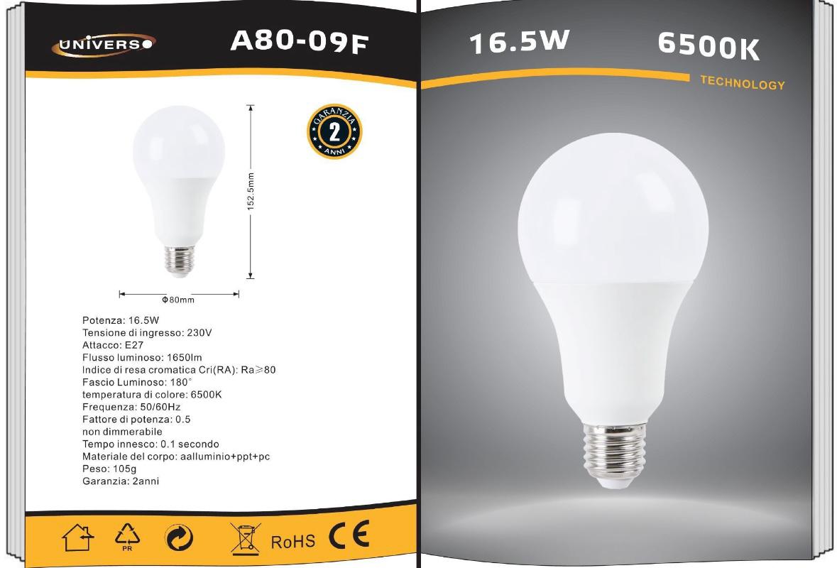 Lampadine LED E27 A80 16.5W 6 Pezzi, 1650LM, Luce Calda 3000K / Naturale 4000K / Fredda 6500K, Lampadina LED Grande Formato, Basso Consumo, Non Dimmerabile, Serie A80-09