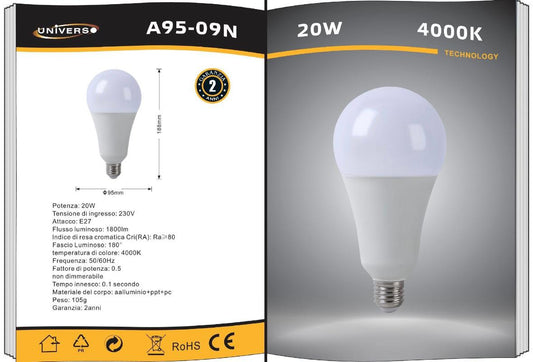 Lampadine LED E27 A95 20W 6 Pezzi, 1800LM, Luce Calda 3000K / Naturale 4000K / Fredda 6500K, Lampadina LED Grande Formato, Alto Risparmio Energetico, Non Dimmerabile, Serie A95-09