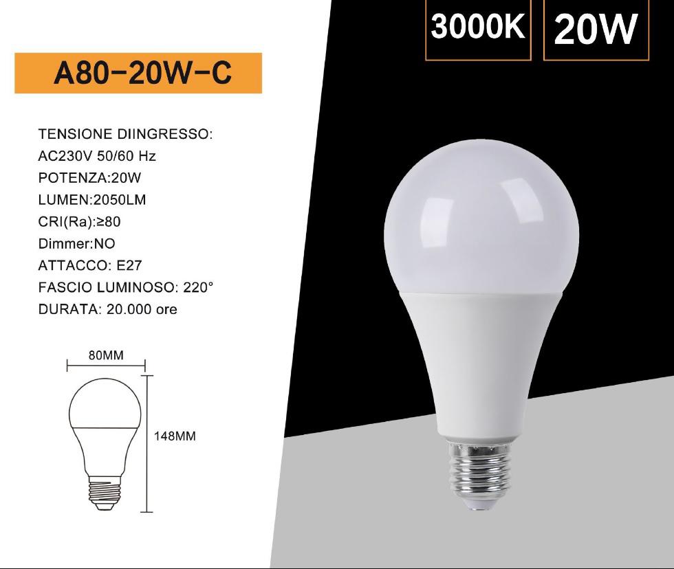 Lampadine LED E27 A80 20W 6 Pezzi, 2050LM, Luce Calda 3000K / Naturale 4000K / Fredda 6500K, Grande Formato A80, Accensione Istantanea, Non Dimmerabile, Serie A80-20W