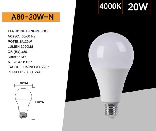 Lampadine LED E27 A80 20W 6 Pezzi, 2050LM, Luce Calda 3000K / Naturale 4000K / Fredda 6500K, Grande Formato A80, Accensione Istantanea, Non Dimmerabile, Serie A80-20W