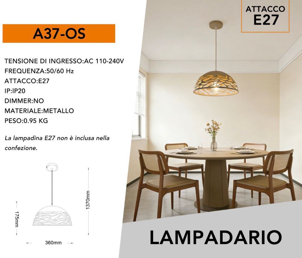 Lampada a sospensione a cupola in metallo industriale regolabile in altezza E27 Base Lampadario ritagliato per isola cucina, camera A37