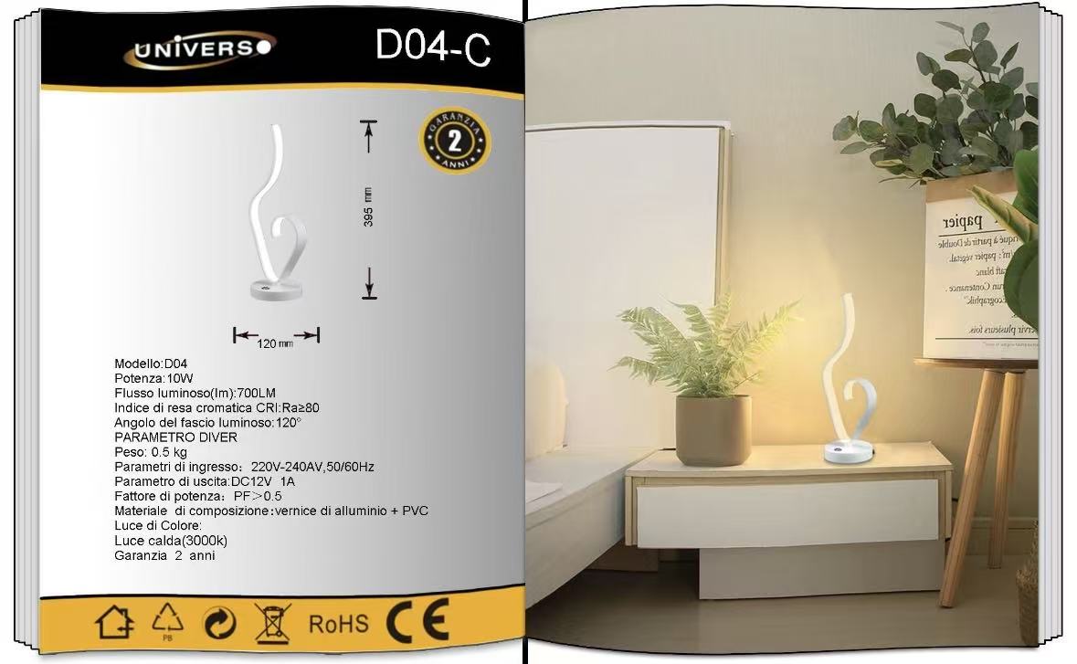 Lampada da Tavolo LED Design Moderno 9W, Luce 3000K/4000K/6500K, DC12V, Lampada Decorativa per Camera da Letto, Soggiorno, Comodino- D04