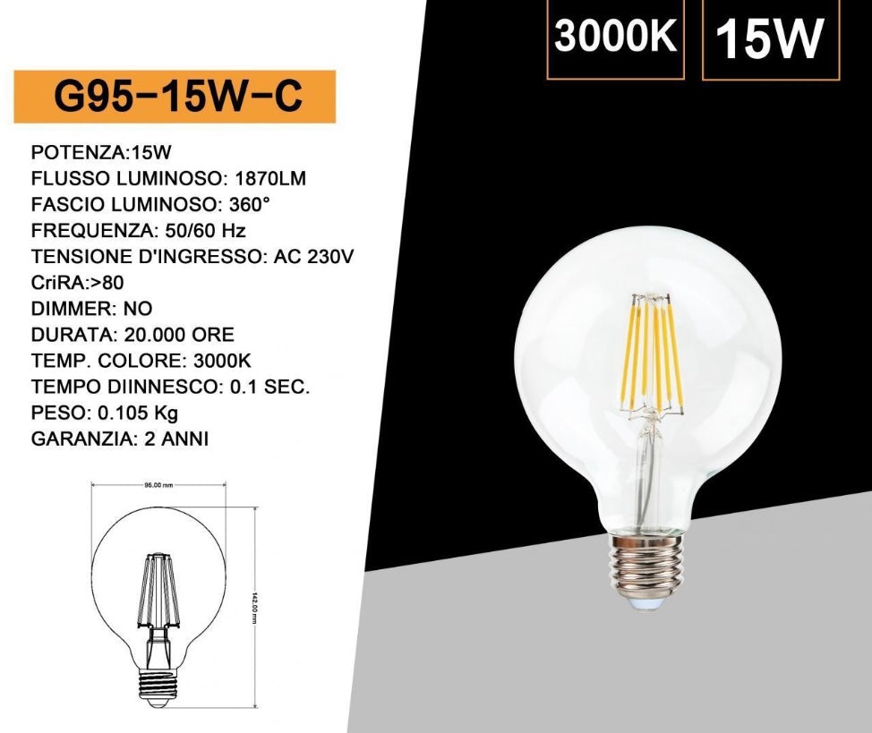 Lampadine LED E27 G95 15W, Confezione da 5 Pezzi, 1870LM, Luce 3000K/4000K/6500K, Globo Grande in Vetro Trasparente Ø95mm, Illuminazione a 360°, Basso Consumo Energetico, Modello G95-15W