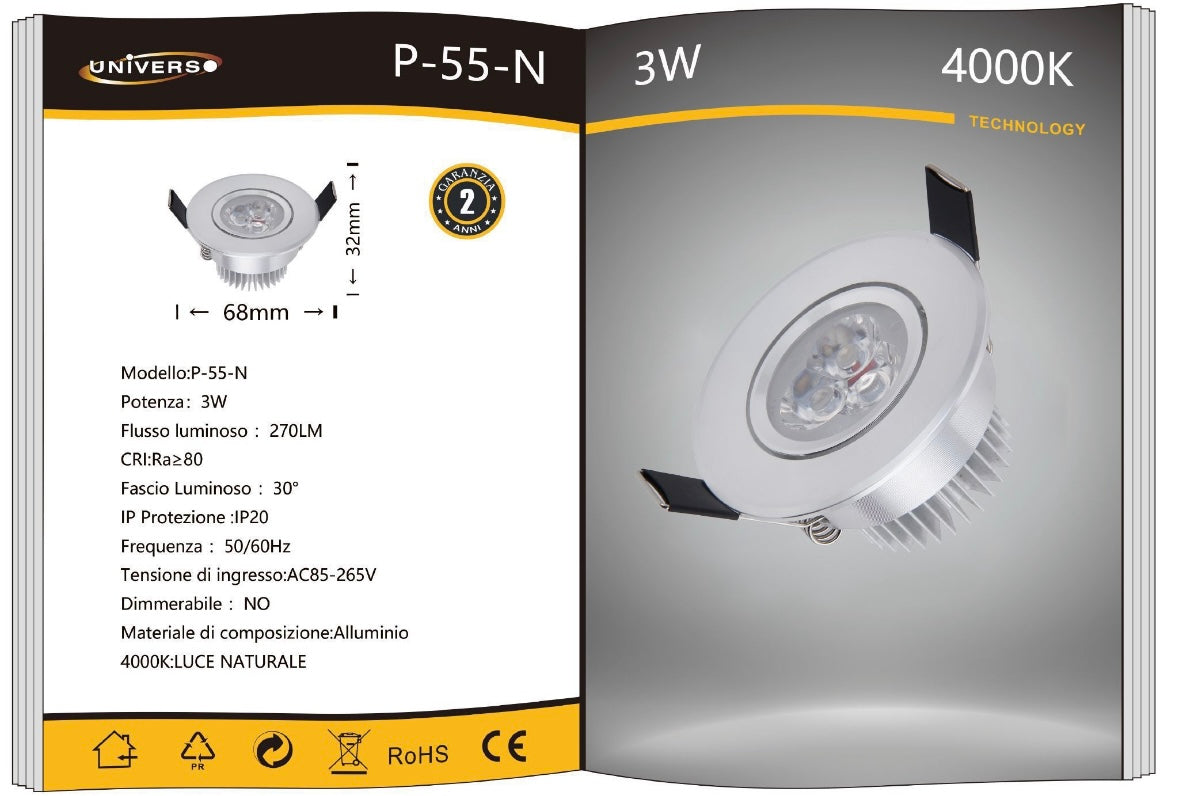 Faretti LED da Incasso 3W, Kit da 5 Pezzi, COB LED 270 lm, Foro Ø68 mm, Luce 3000K/4000K/6500K, Fascio 30°, AC 85-265V, Corpo in Alluminio, Faretto da Soffitto per Cartongesso,P-55