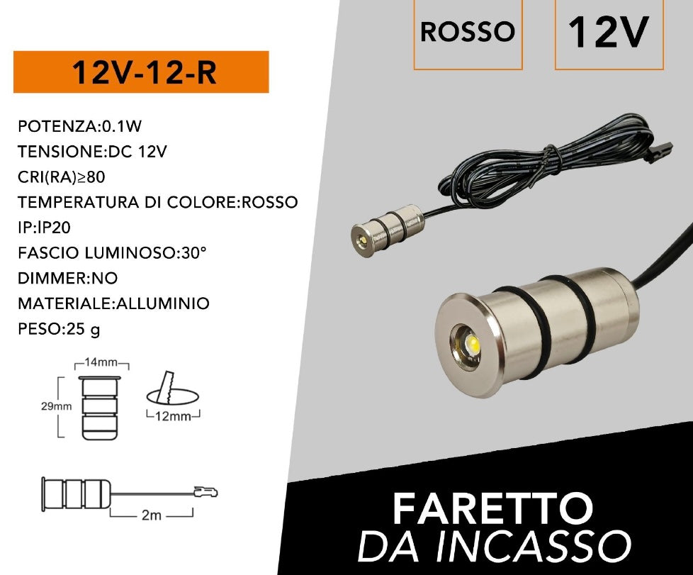 Mini Faretti LED da Incasso 12V DC 0,1W, Kit da 5 Pezzi, Foro Ø12 mm, Corpo in Alluminio, Cavo da 2 m, Mini Spot LED per Camper, Barca, Mobili, Vetrine e Illuminazione Decorativa, 12V-12