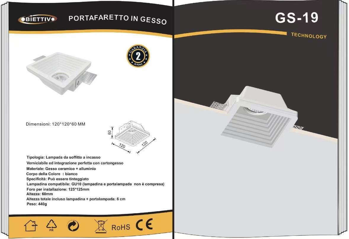 Portafaretto in Gesso da Incasso Quadrato GU10 – Verniciabile, Per Cartongesso, 120×120 mm, Bianco – Senza Lampadina GS-19