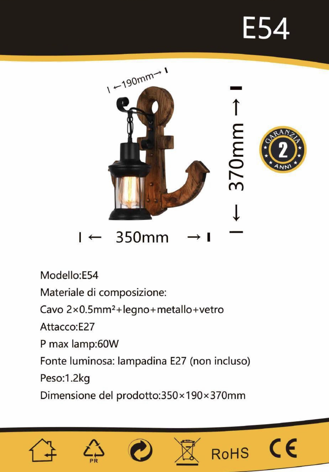 TEKHOME Applique da Muro Vintage in Legno a Forma di Ancora, Portalampada E27, Design Industriale Rustico con Vetro, Lampada da Parete Interni per Ristorante, Soggiorno e Corridoio – Modello E54