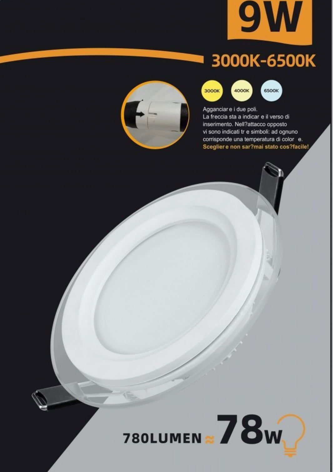 Faretto LED da Incasso Rotondo 9W 780LM, 3 Colori Selezionabili 3000K 4000K 6500K, Pannello LED Ø120mm, Foro Ø95mm, Fascio 120°, CRI≥80, 1 Pezzo, P-94E-T3C