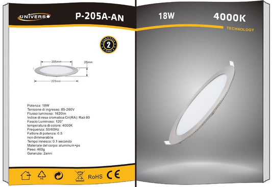 Faretto LED da Incasso 18W 1620LM, Pannello LED Rotondo Ultrasottile, 4000K Luce Naturale, Ø225mm Foro Ø205mm, Fascio 120°, CRI≥80, Argento, 1 Pezzo, P-205A-AN