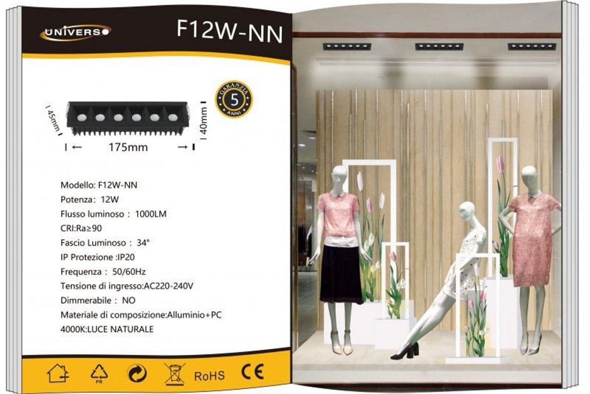 Faretto Magnetico LED da Incasso 12W, 1000LM, CRI≥90, Angolo 34°, Binario Magnetico, 3000K / 4000K / 6500K, Corpo in Alluminio, IP20, Non Dimmerabile,Modelli F12W