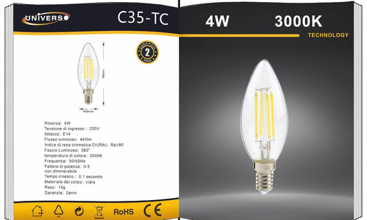 Lampadine LED E14 4W, Confezione da 5 Pezzi, 440LM, 3000K/4000K/6500K, Lampadine LED Decorative in Vetro Trasparente, Luce a 360°, Basso Consumo, Non Dimmerabili, Modello C35-TN