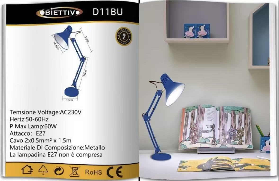 Lampada da Scrivania Orientabile E27 in Metallo – Lampada da Tavolo Moderna con Braccio Regolabile, Base Stabile, per Studio, Ufficio, Cameretta D11