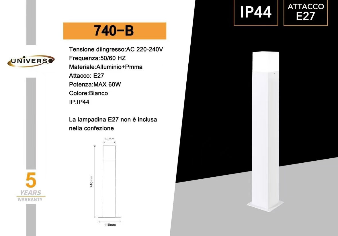 Lampione da Giardino 74cm IP44 per Esterno, Attacco E27, Palo Luce da Esterno in Alluminio, Lampada da Cortile/Viale/Terrazza – Nero/Bianco (Senza Lampadina) 740